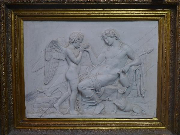 A Roman style marble carving, within a gilt frame, bronze integrated plaque to verso, 50 x 70cm