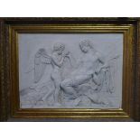 A Roman style marble carving, within a gilt frame, bronze integrated plaque to verso, 50 x 70cm