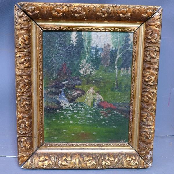 20th century school, Maidens washing in a stream, oil on board, 30 x 23cm - Image 2 of 2