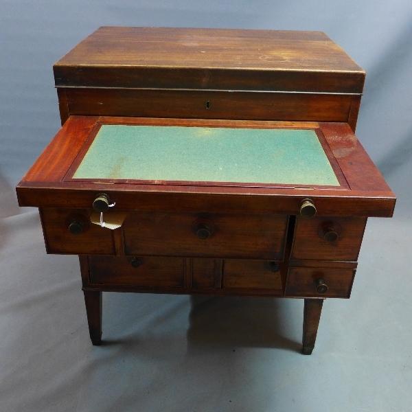 A Regency mahogany campaign dressing chest, with hinged lid enclosing mirror, above brush slide, - Bild 5 aus 6