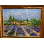 Jan Slootmans (20th century Dutch school), Lavender Field with Farmhouses to Background in