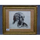 A signed etching of an older woman, indistinctly signed, in gilt frame, 21 x 26cm