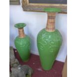 A green glazed ceramic Rumput vase, having swirling floral design and bamboo detailing to neck, H.