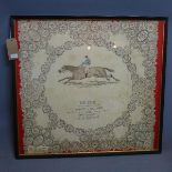 A Victorian scarf commemorating 'Melton Winner of The Derby 1885', framed, 81cm x 87cm