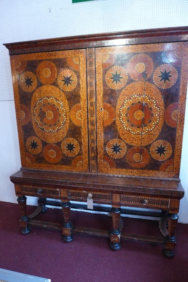 A Dutch Oyster-Veneered Walnut, Ivory, Ebony and marquetry cabinet-on-stand, the rectangular moulded - Bild 2 aus 6