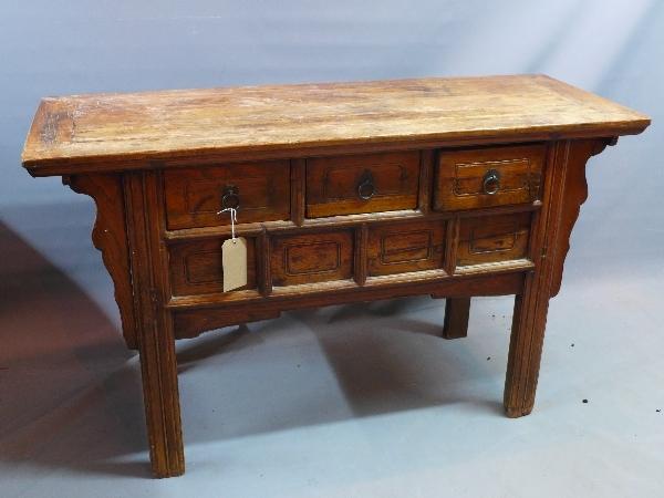 A 20th century Chinese hardwood console table, with three drawers, H.84 W.141 D.52cm