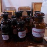 Fourteen glass chemist's jars, with descriptive labels, (14)