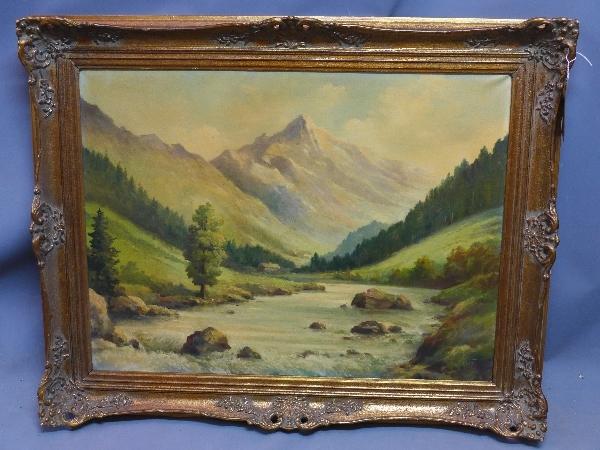 20th century Continental School, Swiss mountain scene, oil on canvas, signed lower right 'Fhreu', 61