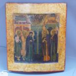 A Russian icon depicting The Mother of God appearing with St. Sergei Radonezsky and Patriarch Nikon,