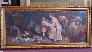 A coloured print of a mother and her children in 19th century interior, 45 x 114cm