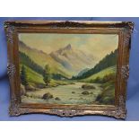20th century Continental School, Swiss mountain scene, oil on canvas, signed lower right 'Fhreu', 61