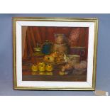 Mid 20th century Continental school, Still life of fruit, vegetables, and utensils on a table, oil