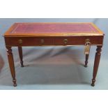 A Victorian mahogany writing table, with burgundy leather skiver, over two drawers, raised on turned