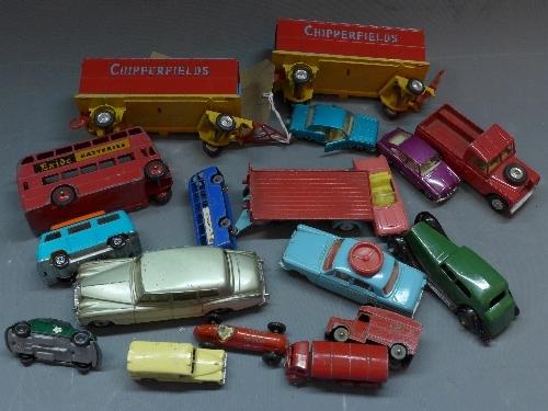 A collection of toy cars, to include two Corgi circus animal cages, Dinky cars, Matchbox cars, Corgi