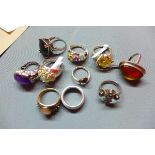 A collection of rings, to include silver rings set with semi-precious stones