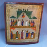 A Russian icon depicting Jesus, saints and figures in a church, tempera on wooden panel, 32 x 26cm