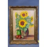 J. Slootmans (Mid to late 20th century Dutch school), Still Life of Sunflowers and Fruit, oil on