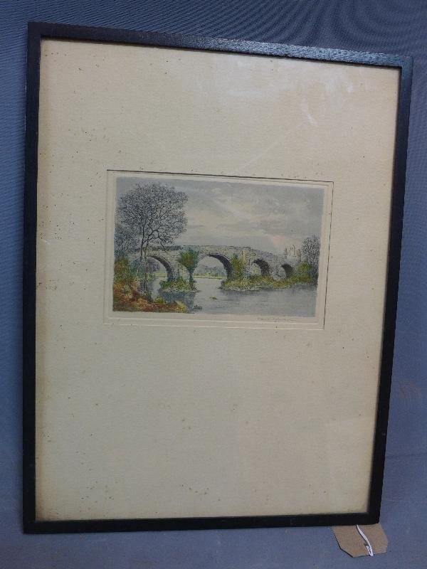 Late 19th Scottish school, Stirling Bridge, coloured etching, indistinctly signed in pencil to
