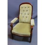 WITHDRAWN-A William IV mahogany armchair, with button back velour upholstery, raised on fluted legs