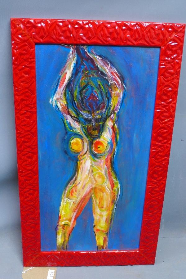 After Igor Fyodorovich Stravinsky, 'The Firebird', portrait of a nude lady, oil on board, 71 x 36cm