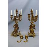 A pair of late 19th century ormolu four branch candelabra in the Rococo taste, the stem with cherubs