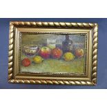 Mid 20th century Continental school, Still life of apples, cups and a beer bottle, oil on board,