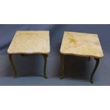 A pair of mid 20th century brass lamp tables, with marble tops, raised on cabriole legs, H.43 W.56