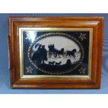 A Victorian reverse painted glass silhouette picture, horse and carriage scene, in walnut frame,