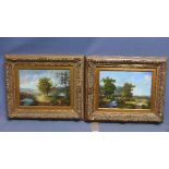 A pair of mid 20th century oil on boards depicting landscape scenes, signed K.Patti, in gilt frames