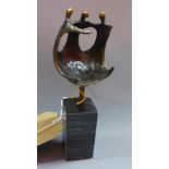 A Continental bronze figural study, 'United we Stand', raised on rectangular marble base, H.18cm