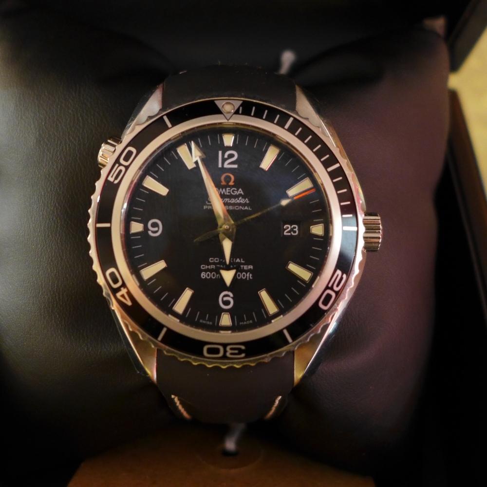 An Omega Seamaster Planet Ocean Co-axial 600m gentleman's wristwatch, the black dial with baton