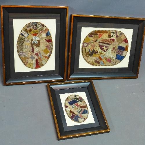 Three framed and glazed Victorian patchwork embroideries, of oval form and graduating size, the