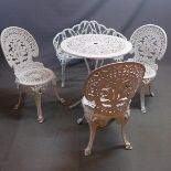 A white painted metal garden table, together with three garden chairs and a garden bench, (4)