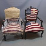 A pair of Contemporary fauteuil with U.S.A. flag upholstery, raised on cabriole legs