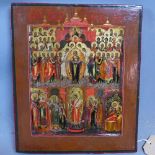 A Russian icon, Pokrov Mother of God, tempera on wooden panel, parcel gilded, the image is divided