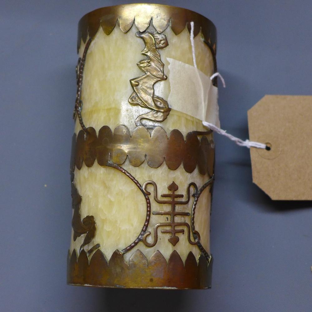 A Chinese alabaster and brass mounted cylindrical brush pot, decorated with characters and bats,