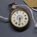 A small French white metal pocket watch, the white enamel dial with Roman numerals, having floral