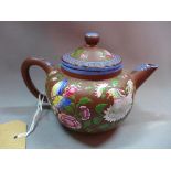 A 19th century Yixing teapot handpainted with flora and fauna, H.12cm