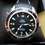 An Omega Seamaster Planet Ocean Co-axial 600m gentleman's wristwatch, the black dial with baton