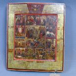 A Russian icon of the Descent into Hell, the Resurrection and the Twelve Feasts. tempera on wood