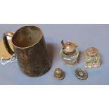 A silver mug together with two silver mounted inkwells and a silver brooch