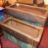 A set of two troughs, with bronze and blue glaze, H.40 W.64 D.28cm (large) H.32 W.48 D.19cm (small)