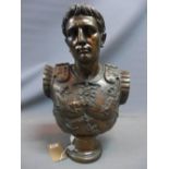 A bronzed effect resin head and shoulder bust of Augustus in armour, raised on socle base, H.62cm