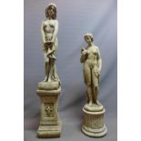 Two reconstituted stone statue of a semi-nude Classical maidens, raised on pedestal bases, H.