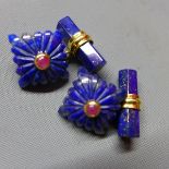 A pair of gilded white metal, lapis lazuli and ruby inset cufflinks, carved in the form of flowers