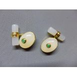 A pair of gilded white metal, chalcedony and green coloured stone inset cufflinks