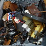 A collection of vintage cameras and camera equipment, to include Nikon, Olympus, Ensign, a Ricoh