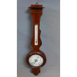 An early 20th century Continental banjo barometer, boxwood inlaid, having thermometer, H.94cm (a/f)