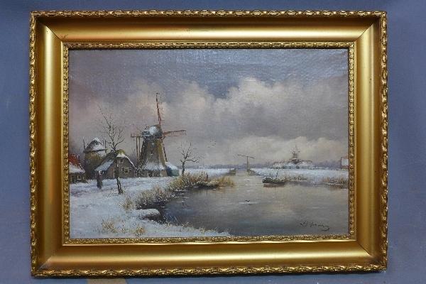 H. Hermans (Late 19th / early 20th century Dutch school), Windmills by a frozen river, oil on