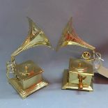 A pair of brass desk top models, in the form of gramophones